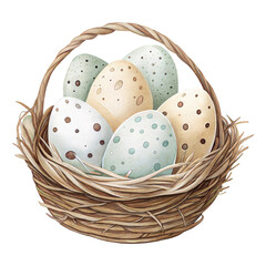 Watercolor nest with speckled dinosaur eggs in natural woven basket illustration