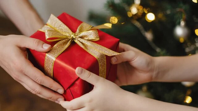 クリスマスプレゼントを子供に手渡す手元のクローズアップ Close-up of hands giving a Christmas gift to a child