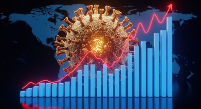 Coronavirus cell with blue graph bars and rising red arrow over a world map background image