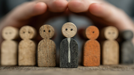 Employee protection and labor rights shown by businessman shielding wooden human figures