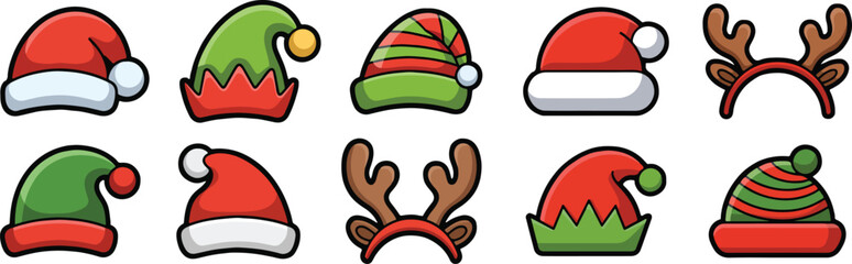 Collection of christmas hat and reindeer antler headband icon set © Mobasshara