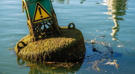 Warning Buoy Floating In Contaminated Water, Covered In Algae and Ecological Concern