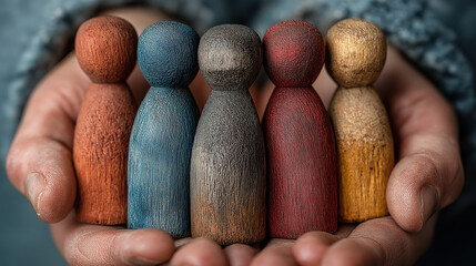 Hands supporting diverse wooden figurines showing teamwork inclusion and corporate responsibility