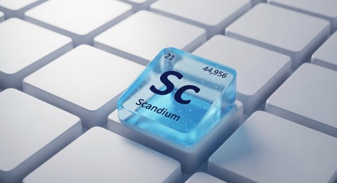 Close up of scandium element block on a white keyboard with a blue tint and soft focus effect - Powered by Adobe