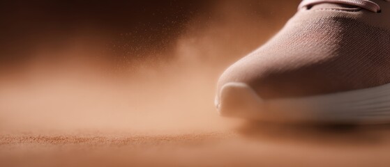 Obraz premium running shoes in motion with dust particles and dramatic blur, top view, warm earthy hues, advertising mood, natural daylight, ample space for text, ideal for commercial use