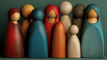 Business and community setting with colorful wooden figures symbolizing unity diversity and teamwork