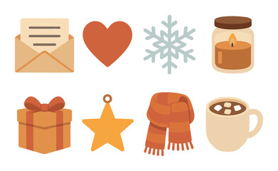 Cozy winter icons: envelope, heart, snowflake, candle, gift, star, scarf, hot chocolate