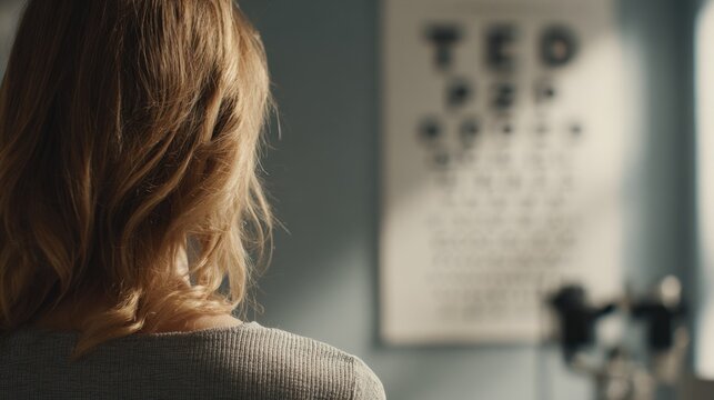 Woman at eye examination with eye chart and ophthalmology equipment,Gift of Sight Month
