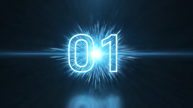 Glowing neon number fiftyfour on a dark background with light streaks