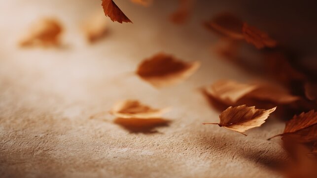 autumn leaves scattered on textured surface with warm tones, dynamic perspective, monochrome palette, advertising mood, golden hour tone, balanced rule of thirds, ideal for commercial use
