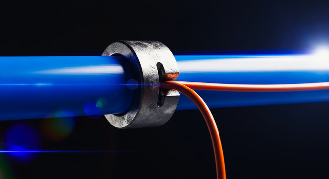 A captivating close-up of a blue conduit and orange cable. The image is a striking visualization of an industrial setting. 