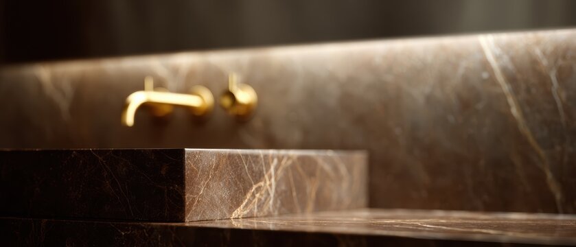 luxury bathroom with marble textures and golden fixtures, macro detail, warm earthy hues, advertising mood, dramatic rim light, balanced rule of thirds, ideal for commercial use