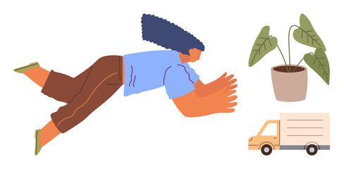 Woman in motion reaching forward with floating posture near leafy plant and delivery truck. Ideal for sustainability, growth, eco-living, innovation, progress, movement, minimalism. Simple flat