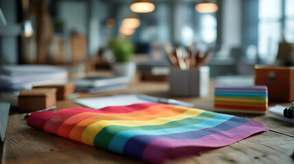 Pride transgender flag on office desk representing LGBT allyship inclusion and workplace equality