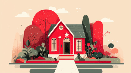 Colorful winter house with star decoration, festive illustration for holiday packaging, seasonal promotions and product labels