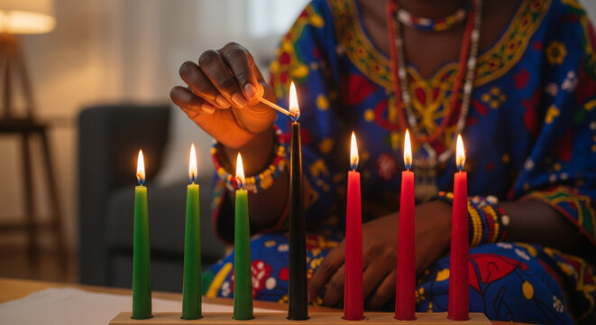 Kwanzaa celebration. African woman lighting the black candle of the Kinara holder during a traditional holiday evening at home