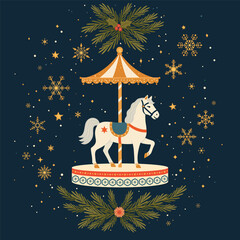 Festive vintage-style illustration of a carousel horse decorated with winter elements, snowflakes, evergreen branches and holiday details on a dark background. Cozy Christmas design, greeting card