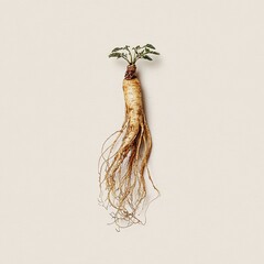 A single ginseng root, pale beige and brown, with fresh green sprouts,  is centrally displayed against a plain light beige background