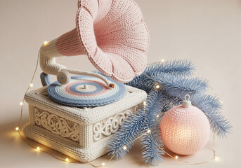 Vintage crochet gramophone with Christmas ornaments and decorations  