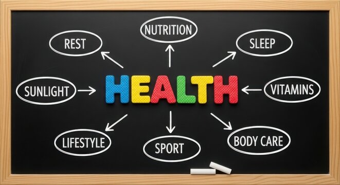 A chalkboard with health in colorful letters surrounded by health related topics and two chalk pieces