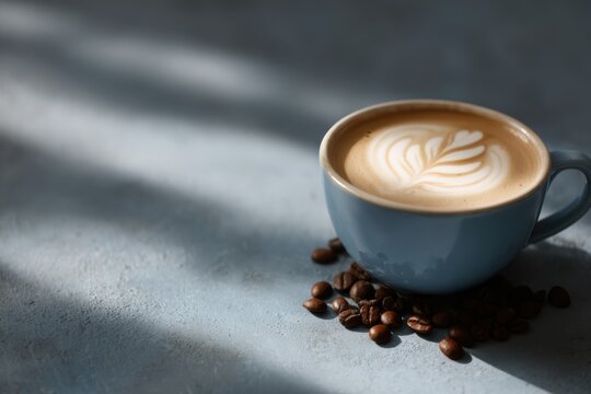 coffee cup with latte art and scattered beans on rustic table, close-up shot, pastel tones, modern vibe, dramatic rim light, balanced rule of thirds, generic props only