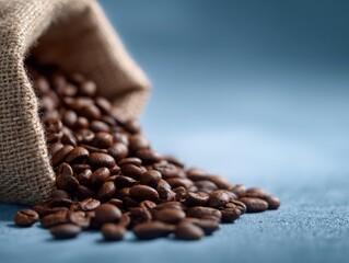 coffee beans spilling from burlap sack with rustic props, dynamic perspective, cool futuristic blues, editorial style, golden hour tone, clean background for typography, brand-safe, no logos