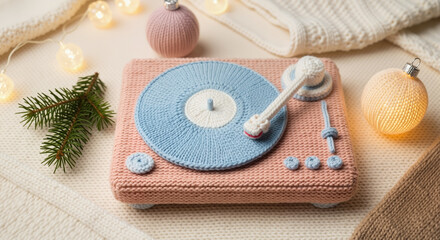 Knitted turntable with spinning record and festive decorations  