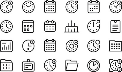 Hand drawn doodle style icon set representing time management schedules appointments deadlines and reminders for business and personal productivity planning