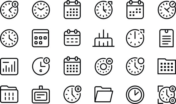 Hand drawn doodle style icon set representing time management schedules appointments deadlines and reminders for business and personal productivity planning