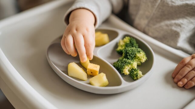 Baby's hand picking up steamed vegetables and fruit from a silicone plate for healthy baby led weaning