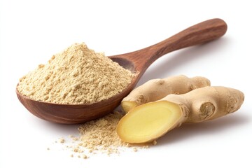 Ground ginger in wooden spoon with fresh ginger root (1)