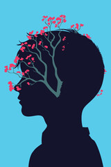 A minimalist silhouette of a child’s head filled with blooming branches, symbolizing imagination, growth, and emotional healing. Ideal for themes of childhood, mental health, creativity, and inner wor
