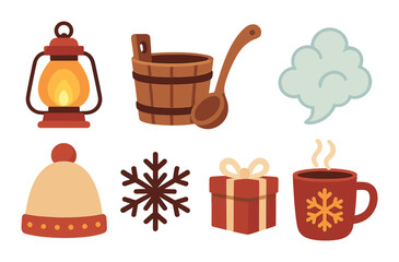 Cozy winter icons featuring lantern, snowflake, gift, and warm accessories