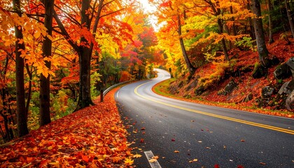 Winding road through vibrant autumn foliage. The asphalt leads the eye through the colorful forest, with leaves scattered about
