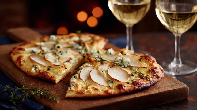 Pizza with pear and blue cheese on a wooden board at a romantic dinner, enjoying white wine