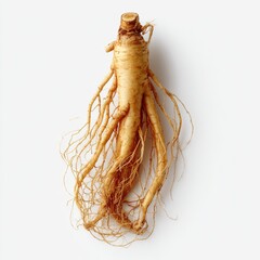 Single, whole ginseng root, light beige and tan tones, intricate root system
