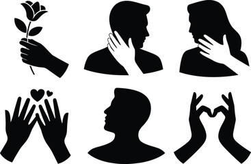 Romantic Hand and Face Silhouettes – Love Gestures, Heart Signs, Rose and Couple Icons