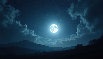 Vast night scene displays luminous full moon above rolling hills, dark clouds. Serene landscape celestial beauty with faint stars in deep blue sky. Tranquil image offers calming atmosphere for