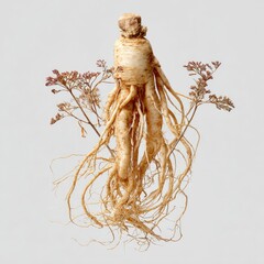 A ginseng root,  pale beige,  with intricate,  sprawling  fibrous roots,  atop a light gray background. Small reddish-purple flowers are near the top