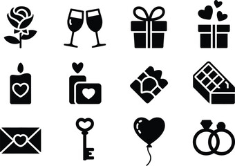 Romantic Valentine Icons – Rose, Wine Glasses, Gift, Chocolate, Candle, Love Key and Rings Set