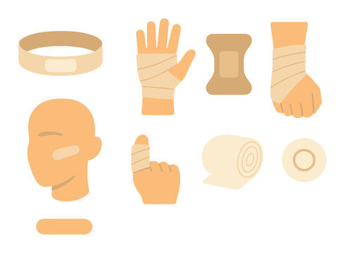 Medical bandages and first aid supplies on a yellow background