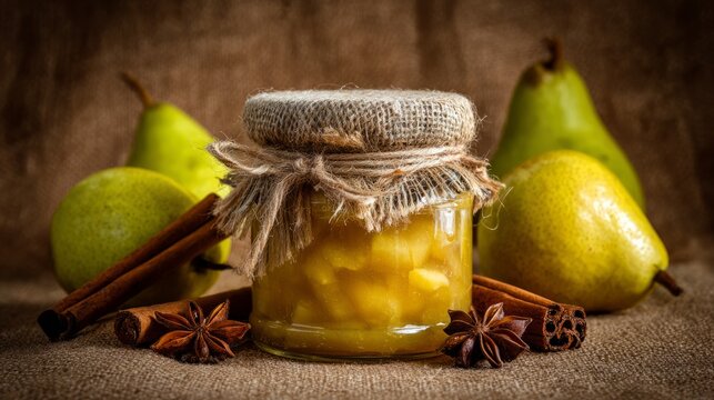 Pear jam with fruit pieces in a glass jar, rustic burlap and twine tie, beside ripe pears, aromatic cinnamon sticks, and star anise
