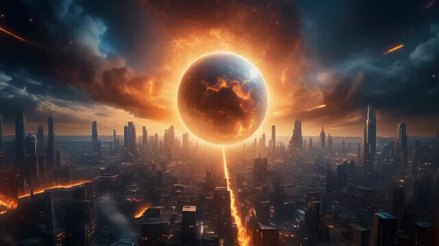 Apocalyptic Sci-Fi city under glowing planet eclipse