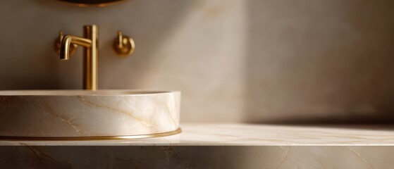luxury bathroom with marble textures and golden fixtures, macro detail, warm earthy hues, advertising mood, dramatic rim light, balanced rule of thirds, ideal for commercial use