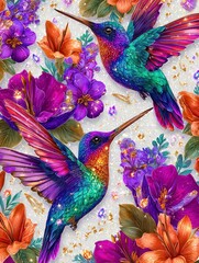 Fototapeta premium Colorful hummingbirds surrounded by vibrant flowers in a bright and lively pattern