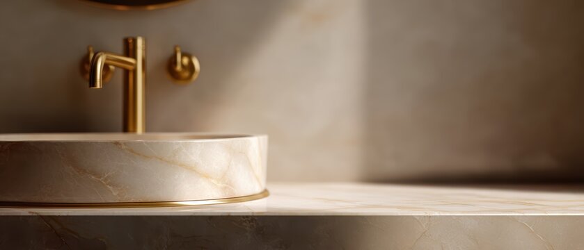luxury bathroom with marble textures and golden fixtures, macro detail, warm earthy hues, advertising mood, dramatic rim light, balanced rule of thirds, ideal for commercial use