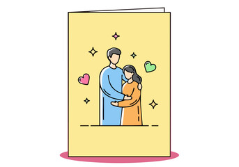 cheerful card note illustration featuring a couple embracing  Bright yellow background with stylized line art Perfect for greeting cards and social media  Modern heartwarming design
