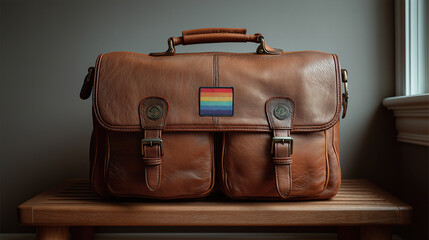 Workplace LGBTQ inclusion depicted by brown leather briefcase with colorful pride flag patch