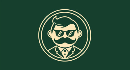 Cartoon Man with Mustache and Sunglasses in Circle Frame.