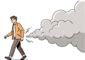 A man recoils from smoke, illustrating the dangers of secondhand smoke. Clean, graphic illustration with a bright blue background. Avoid smoke clear.